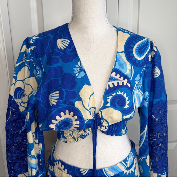 House of Harlowe 1960 Blue Cream Floral Paisley Repeat Top Maxi Skirt Set Linen - Picture 3 of 15